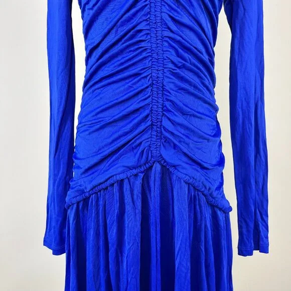 NWOT Farm Rio V Neckline Ruched Blue Maxi Dress Long Sleeves Size M - Picture 4 of 12